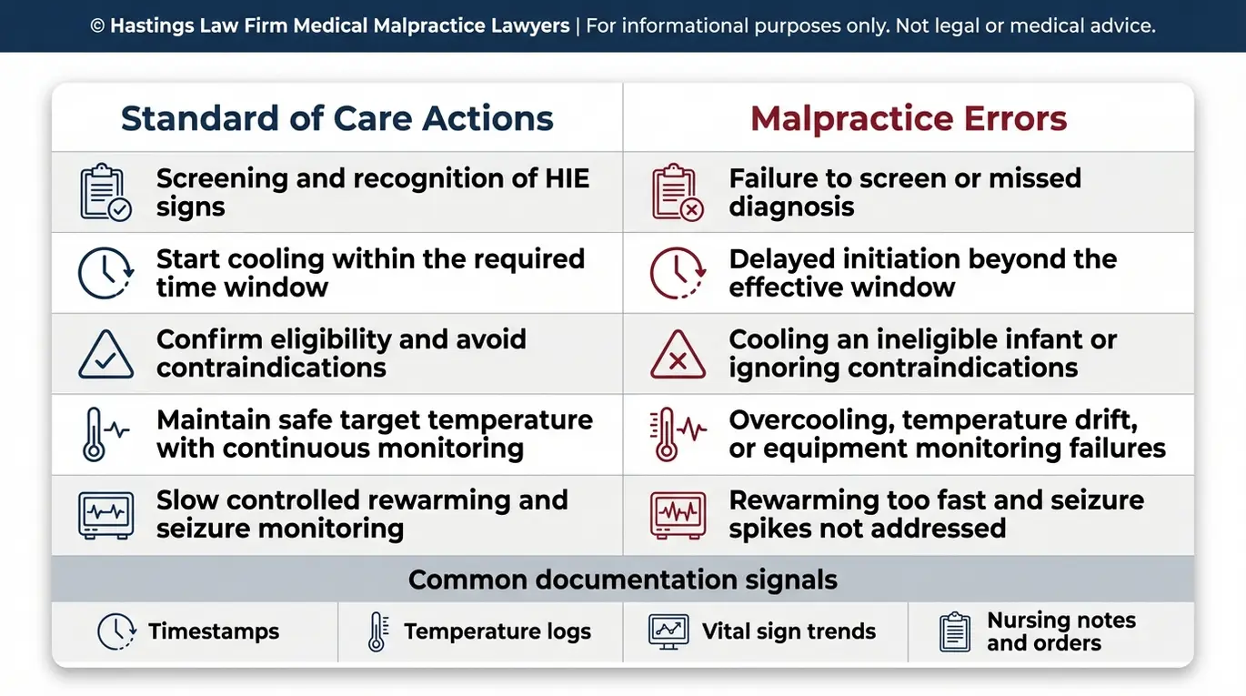 Comparison chart showing cooling therapy standard of care actions versus malpractice errors such as delayed initiation missed HIE screening and unsafe rewarming for families researching a Texas Delivery Room Hypothermia Malpractice Lawyer.