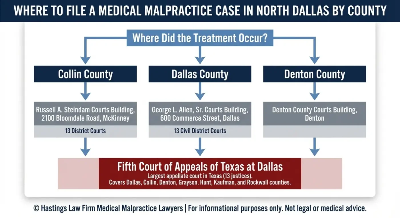 Diagrama de flujo que muestra dónde presentar una demanda por negligencia médica en el norte de Dallas en función del condado donde se produjo el tratamiento, dirigiendo los casos del condado de Collin al edificio de los tribunales Russell A. Steindam en McKinney, los casos del condado de Dallas al edificio de los tribunales George L. Allen Sr., y los casos del condado de Denton al edificio de los tribunales del condado de Denton, convergiendo los tres en el Quinto Tribunal de Apelaciones del Texas en Dallas.