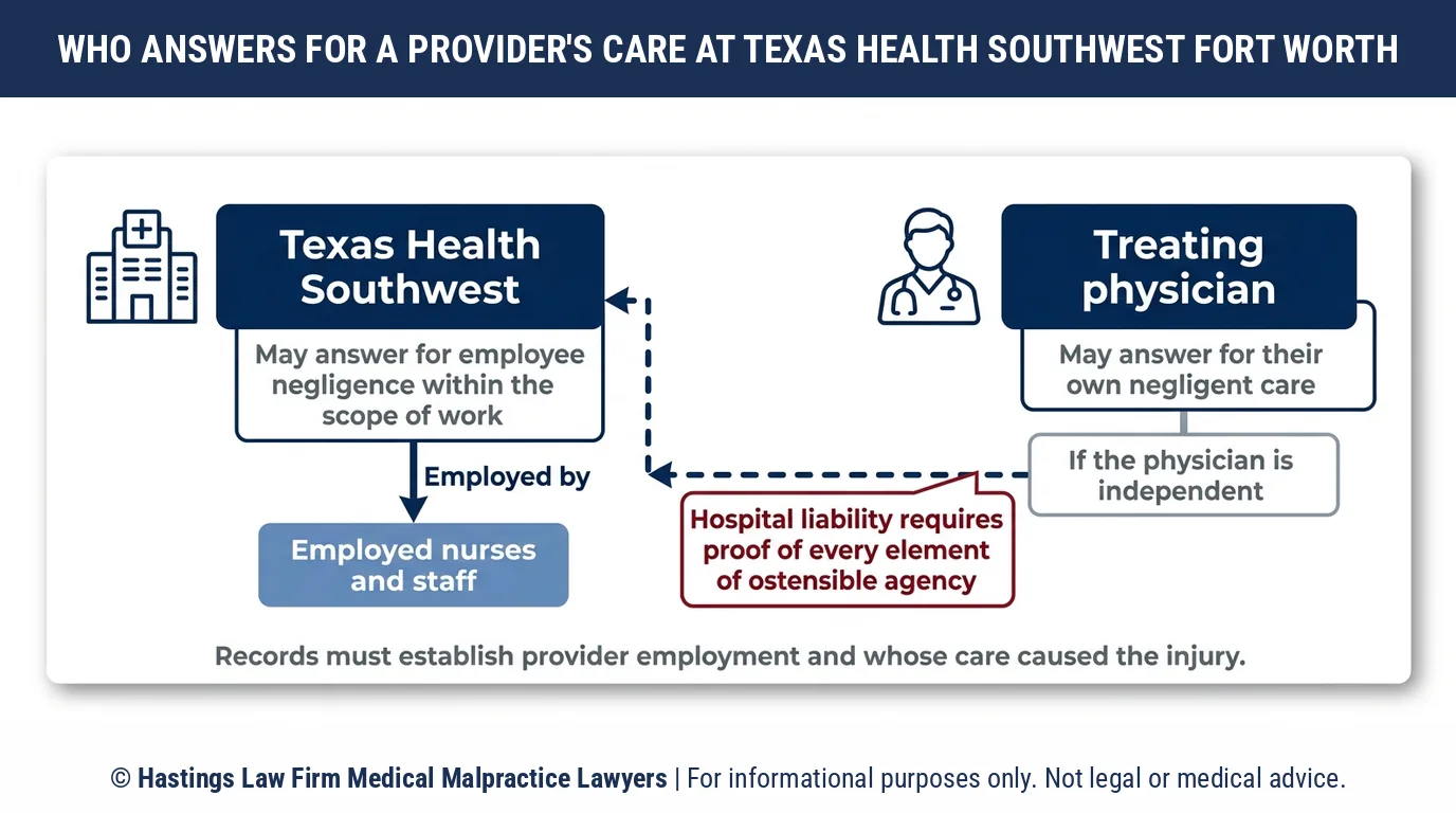 Can a hospital malpractice attorney sue Texas Health Southwest Fort Worth or only the doctor who treated you.