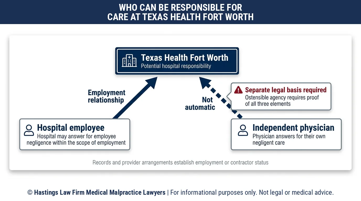 Who does a hospital malpractice attorney name in a claim over care at Texas Health Fort Worth, the hospital or the doctor.