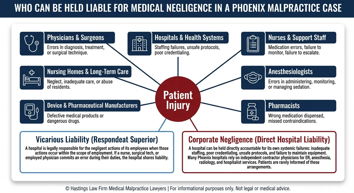 Diagrama de relaciones entre entidades que muestra siete categorías de partes potencialmente responsables en un caso de negligencia médica en Phoenix, entre las que se incluyen médicos, hospitales, enfermeras, anestesiólogos, farmacéuticos, fabricantes de dispositivos médicos y residencias de ancianos, con explicaciones sobre la responsabilidad subsidiaria y la negligencia corporativa como teorías jurídicas independientes para exigir responsabilidades a los hospitales de Arizona por fallos sistémicos y por las acciones tanto de sus empleados como de los médicos contratados de forma independiente.