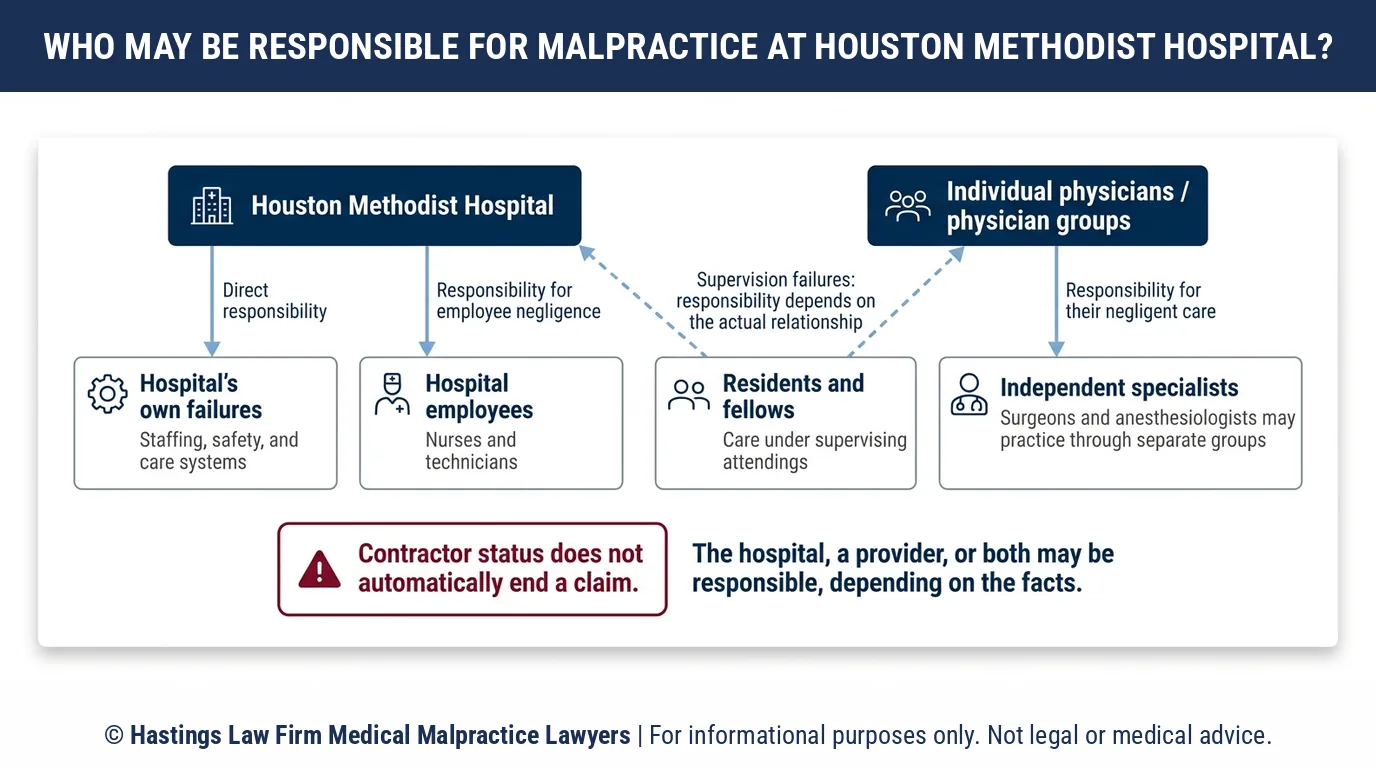 Who can you name in a lawsuit against Houston Methodist Hospital if the doctor was an independent contractor.