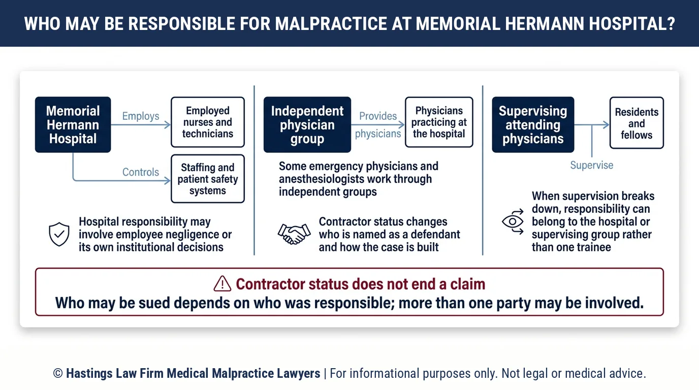 Does a hospital malpractice attorney sue the physician group or Memorial Hermann Hospital for a contractor's negligence.