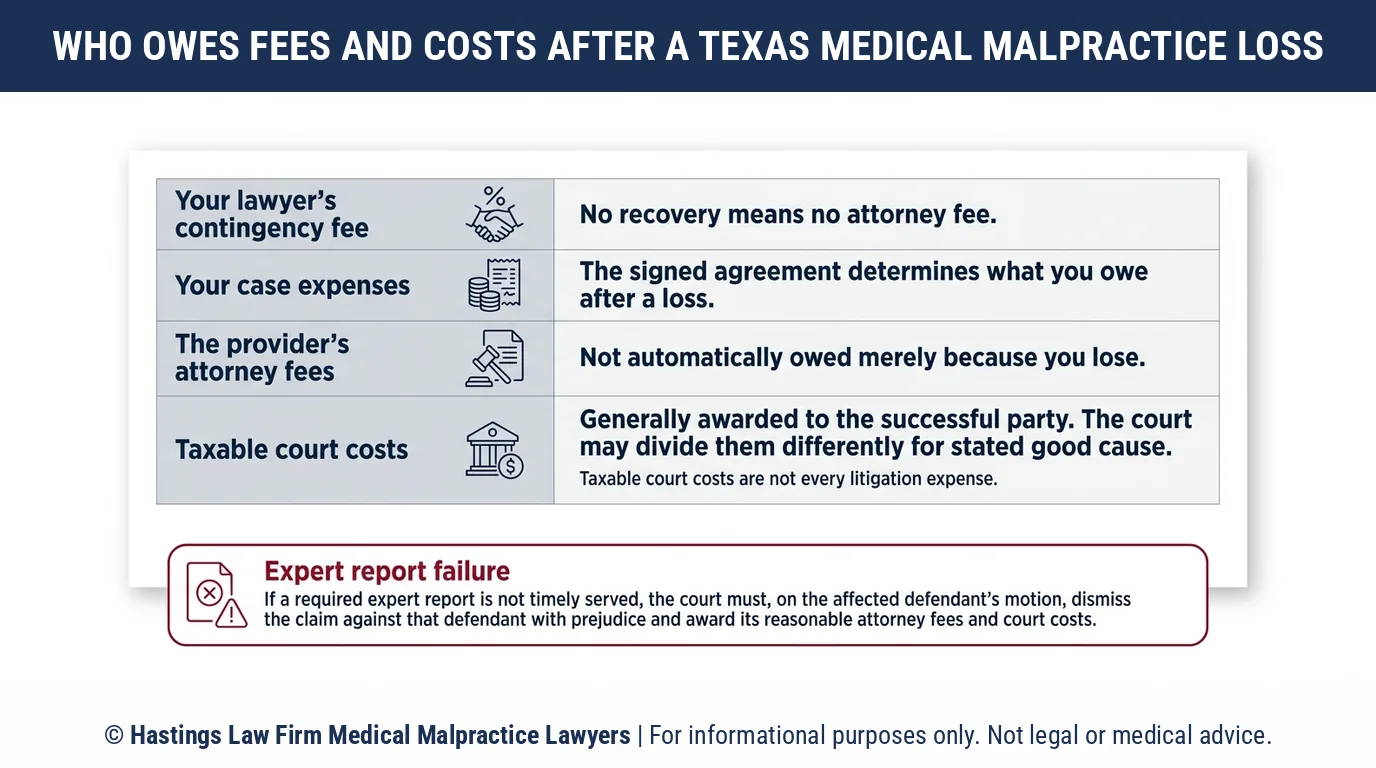 Does a patient owe anything for the cost of a medical malpractice lawsuit in Texas after losing the case.