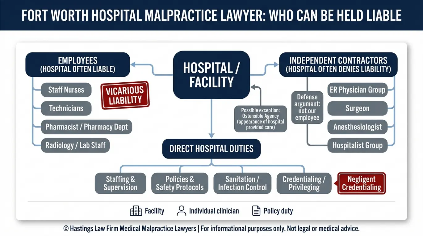 Entity map explaining who may be liable in a Fort Worth hospital malpractice lawyer case including hospital employees independent contractors vicarious liability and ostensible agency.