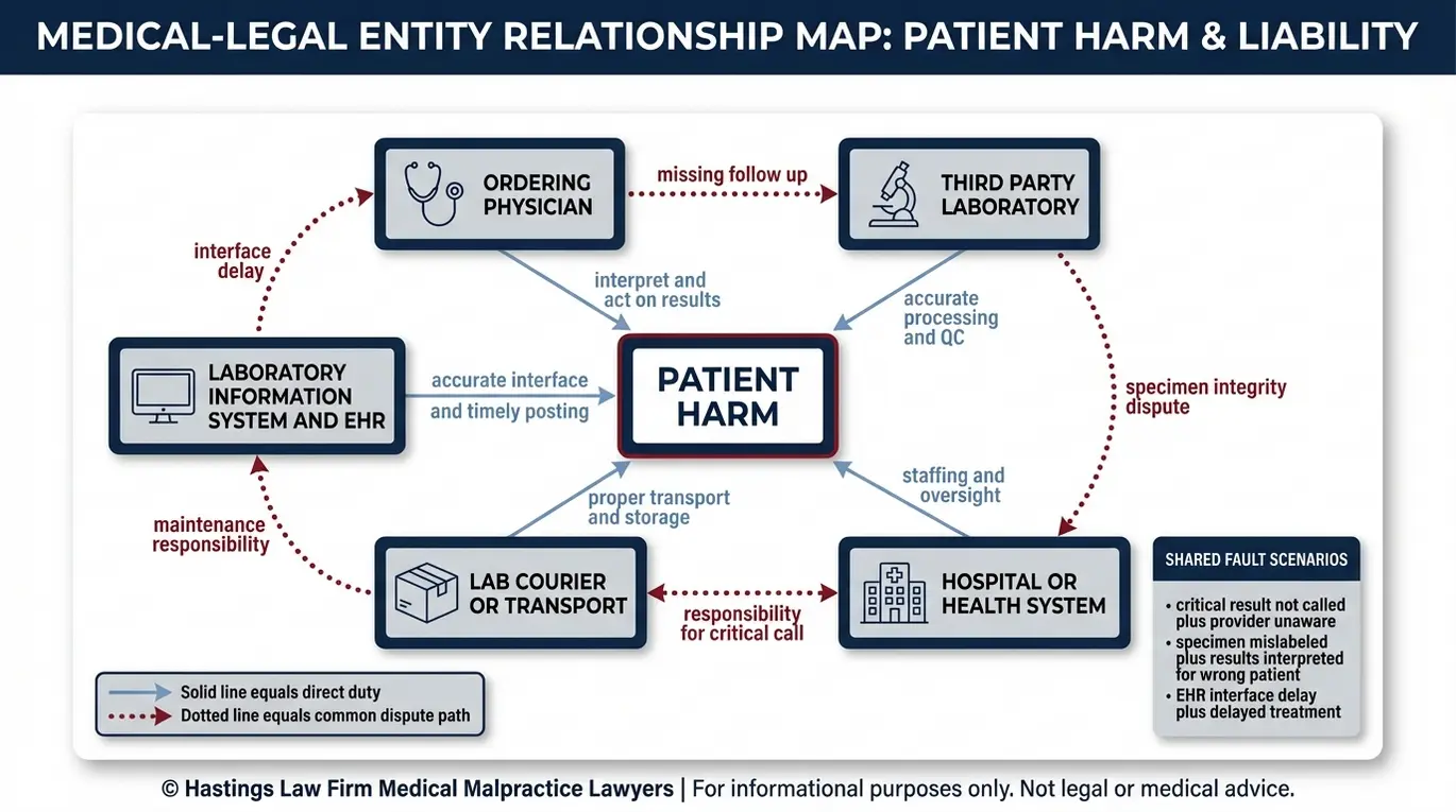 Entity relationship map explaining how liability may be shared between ordering physician, third party laboratory, hospital, courier, and EHR systems in a Texas Medical Lab Testing Malpractice Lawyer investigation.