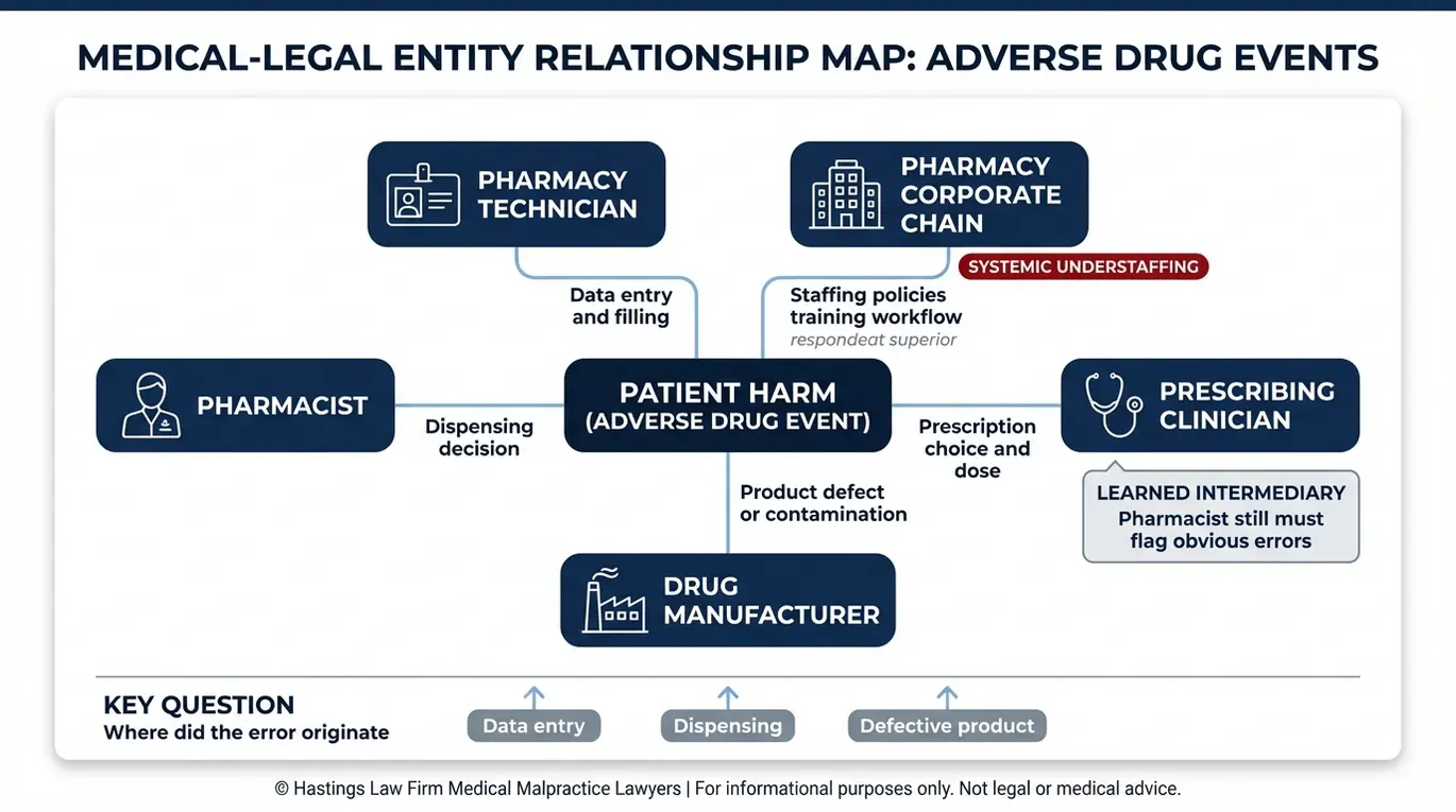 Mapa de relaciones para un abogado especializado en negligencia profesional de farmacéuticos en Arizona, en el que se explica quiénes pueden ser responsables de un error de medicación, incluyendo al farmacéutico, la cadena de farmacias, el técnico, el médico prescriptor y el fabricante relacionados con el daño causado al paciente.