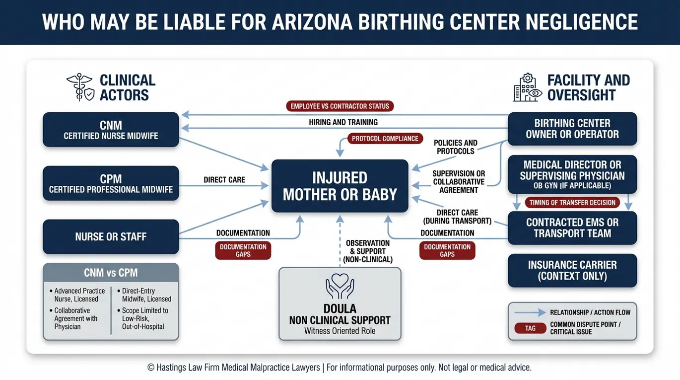 Mapa de responsabilidades que muestra a quién se puede demandar por una lesión ocurrida en un centro de maternidad de Arizona, incluyendo a las comadronas certificadas (CNM) y las parteras profesionales certificadas (CPM), los propietarios de los centros, los médicos supervisores, los servicios de transporte y las doulas en su calidad de testigos, según la evaluación de un abogado especializado en negligencia médica de centros de maternidad de Arizona.