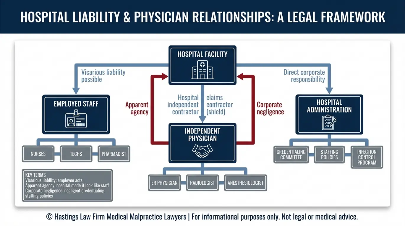 Entity map showing hospital liability pathways for a Texas Hospital Malpractice Lawyer case including employees independent contractors apparent agency and corporate negligence.