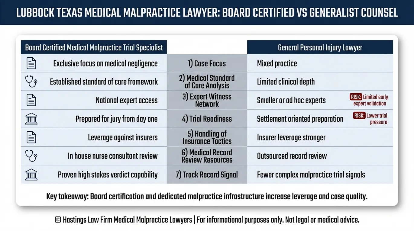 Tabla comparativa que muestra en qué se diferencia un abogado especializado en negligencia médica de Lubbock con certificación de la junta (Texas) de un abogado generalista en lesiones personales en cuanto a enfoque de los casos, revisión por parte de expertos, preparación para el juicio, análisis de expedientes y capacidad de negociación con las aseguradoras.