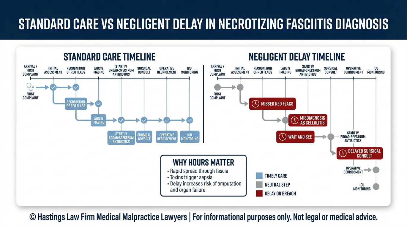 Comparison timeline explaining how a delayed diagnosis of necrotizing fasciitis can become malpractice in a Texas Necrotizing Fasciitis Malpractice Lawyer case by contrasting standard care actions with negligent delays.