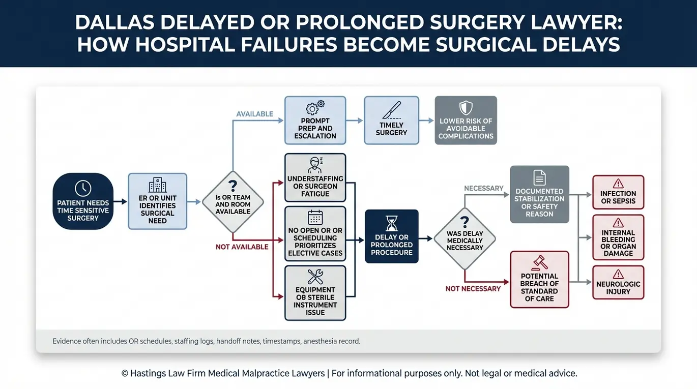 Diagrama de flujo del proceso para un abogado de Dallas especializado en cirugía retrasada o prolongada que muestra cómo la falta de personal, la indisponibilidad del quirófano, los problemas de equipamiento y los fallos de comunicación pueden provocar el retraso o la prolongación de la cirugía y las lesiones resultantes.