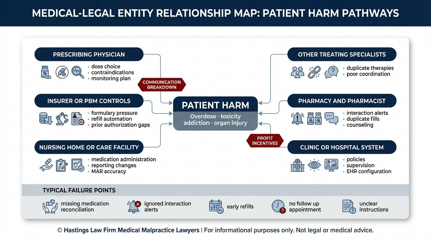 Diagrama de relaciones entre entidades que ilustra cómo los médicos, las farmacias, los hospitales, los hogares de ancianos y las aseguradoras pueden compartir la responsabilidad por los daños, según el análisis de un abogado especializado en prescripción excesiva de medicamentos de Arizona en un caso de sobredosis o negligencia en la administración de medicamentos.