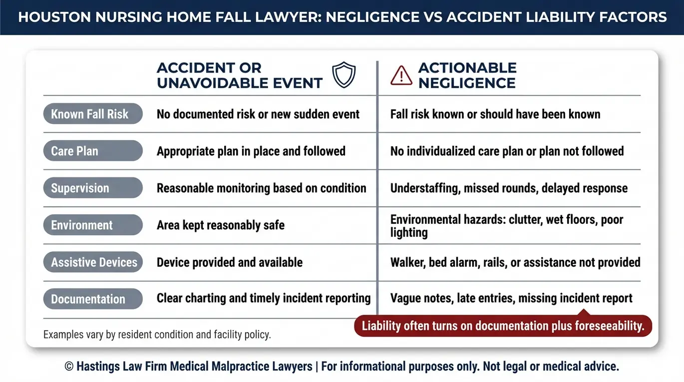 Comparison chart showing accident versus negligence factors a Houston nursing home fall lawyer reviews including fall risk, care plan, supervision, environment, assistive devices, and documentation.