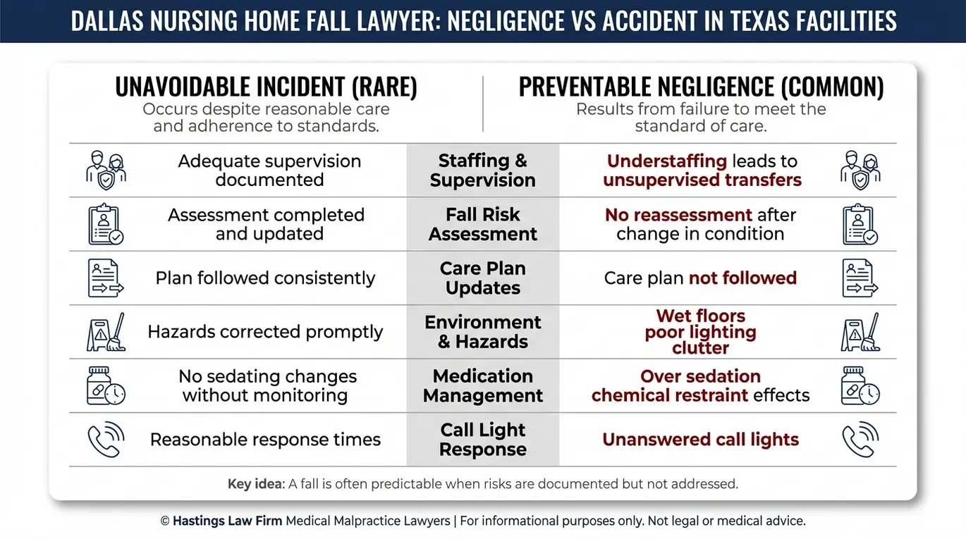 Tabla comparativa elaborada por un abogado especializado en caídas en residencias de ancianos de Dallas, en la que se comparan las causas de negligencia frente a las de accidentes, incluyendo la falta de personal, fallos en la evaluación del riesgo de caídas, incumplimientos del plan de cuidados, peligros, errores en la medicación y lentitud en la respuesta a las luces de llamada.