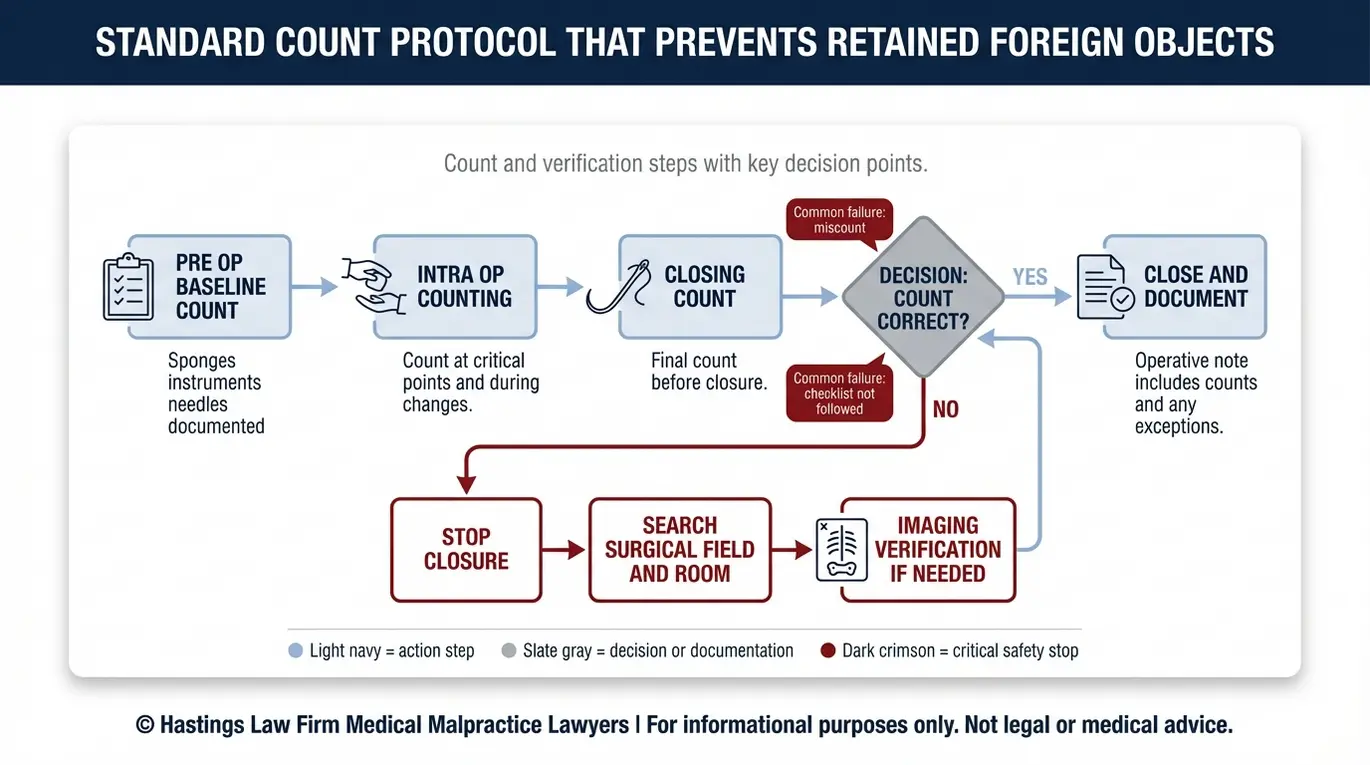 Process flowchart of surgical count and verification steps showing how retained foreign objects become never events for a Fort Worth Retained Medical Objects Lawyer search.