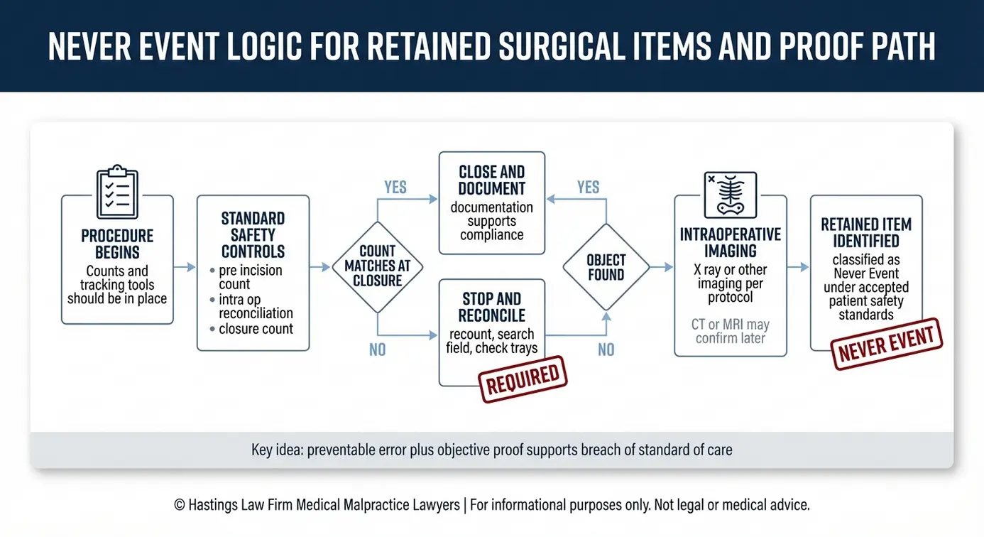 Diagrama de flujo que explica cómo los objetos quirúrgicos retenidos se convierten en un Never Event y cómo las imágenes confirman la prueba para un Austin Retained Medical Objects Lawyer.