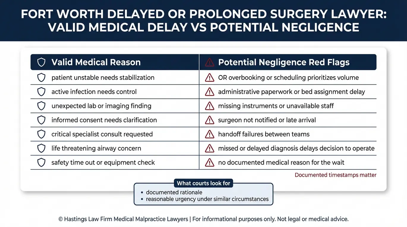 Comparison chart for a Fort Worth Delayed or Prolonged Surgery Lawyer case contrasting valid medical reasons for delay versus potential negligence red flags like OR overbooking and missed diagnosis.