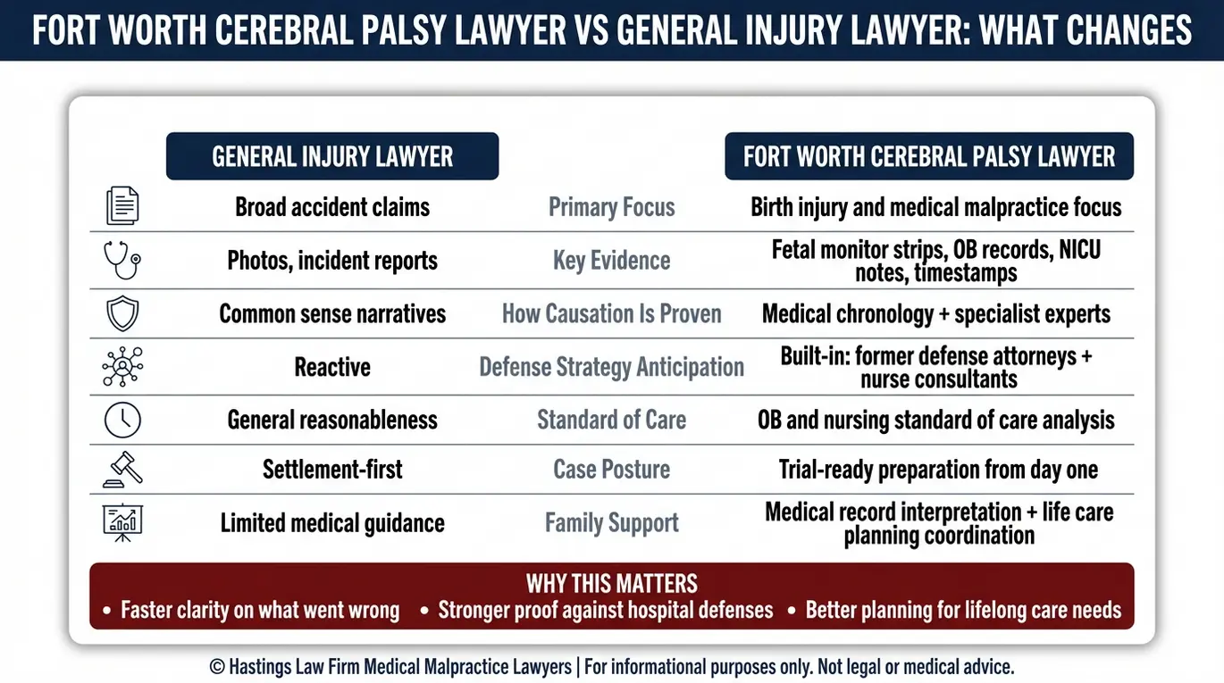 Comparison chart showing how a Fort Worth Cerebral Palsy Lawyer differs from a general injury lawyer on evidence, causation proof, standard of care, and trial readiness.