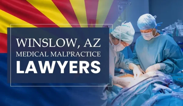 The State flag of Arizona blending into a healthcare setting in Winslow where medical negligence has occurred, depicting the need for Medical Malpractice Lawyers to help patients harmed by medical professionals and healthcare facilities.