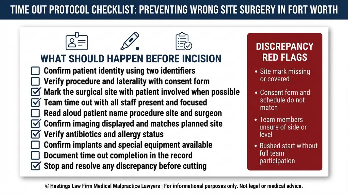Warning checklist of time out protocol steps and discrepancy red flags for wrong site wrong patient or wrong procedure cases evaluated by a Fort Worth Surgical Error Lawyer.