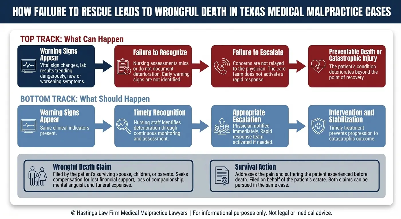 Two-track timeline comparing failure to rescue, where clinical warning signs go unrecognized and unescalated leading to preventable death, against the proper clinical response of timely recognition and intervention, with an overview of wrongful death claims and survival actions available to surviving family members under Texas medical malpractice law.