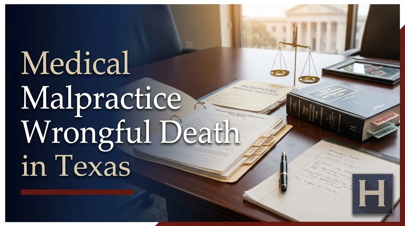 Un abogado de Texas revisa el expediente de un caso mientras representa a una familia en una demanda por negligencia médica que causó la muerte de un ser querido.
