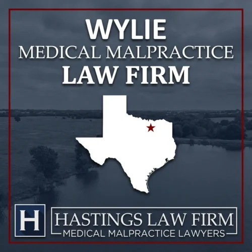 Los mejores Abogados de Negligencia Médica en Wylie Texas Una escena de paisaje de Wylie Texas. Una estrella roja señala el lugar donde los abogados locales de negligencia médica han ayudado a los pacientes lesionados. El logotipo de The Hastings Law Firm aparece en la parte inferior.