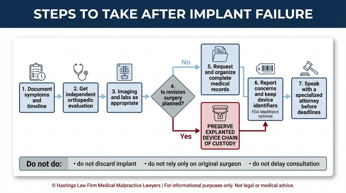 Process flowchart for a Fort Worth Defective Joint Replacement Lawyer outlining steps after suspected implant failure including second opinion, revision decision, preserving the explanted device, and gathering records.